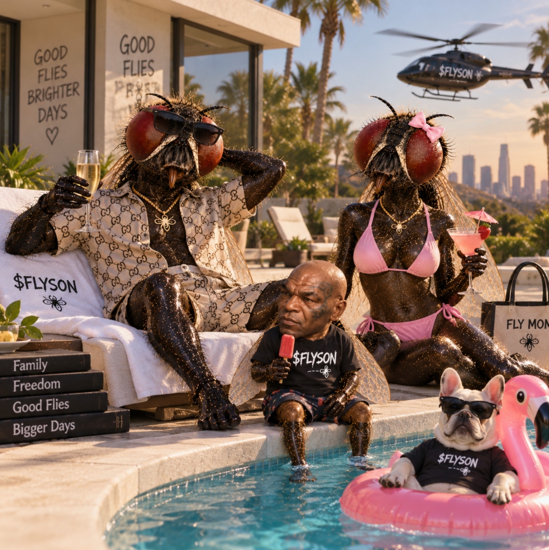 Fly family poolside at a luxury mansion, Mike Flyson eating a popsicle, bulldog in a flamingo float